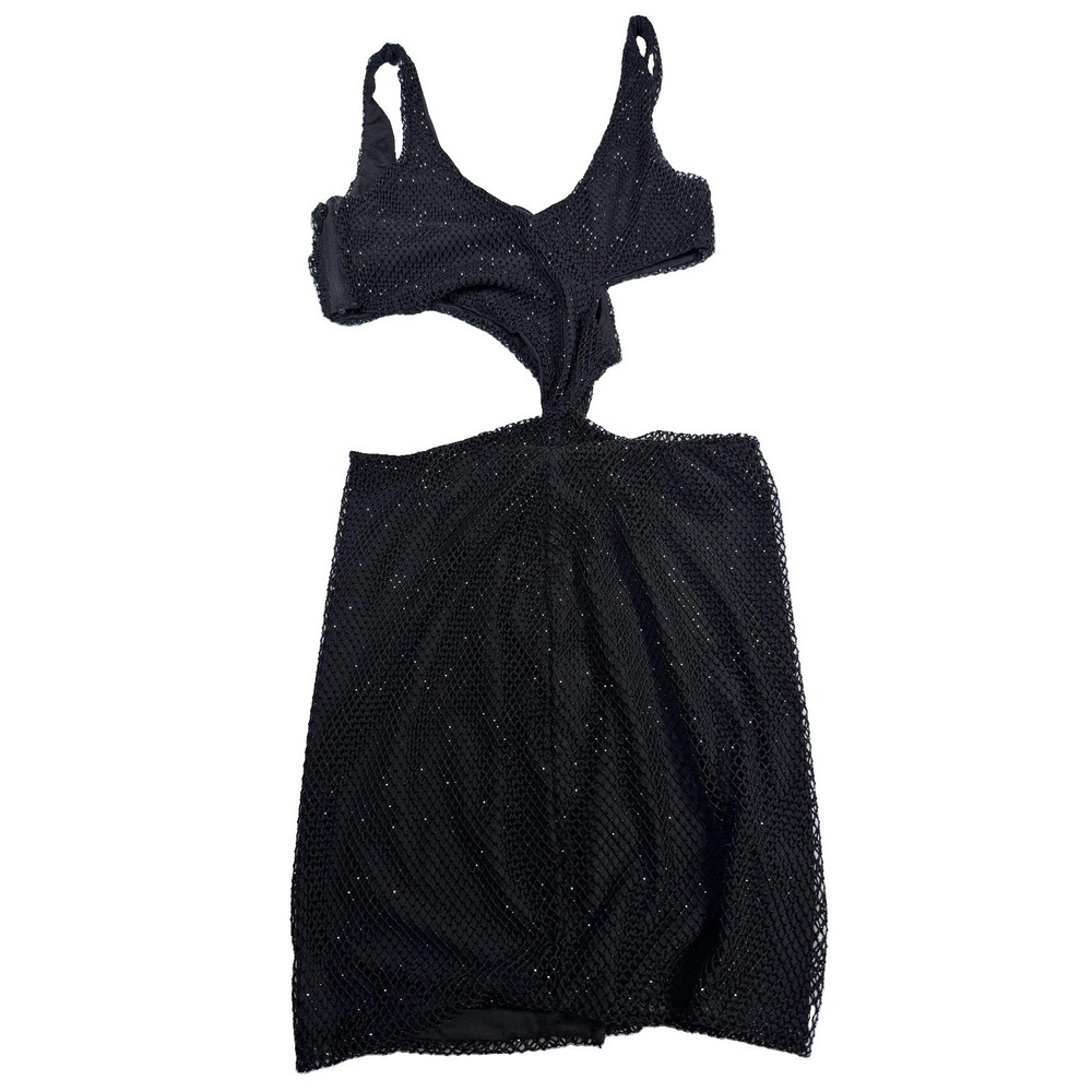 Oh Polly Dress Womens 2 Black Rhinestone Mesh Cut Out V Neck Bodycon Mini Party